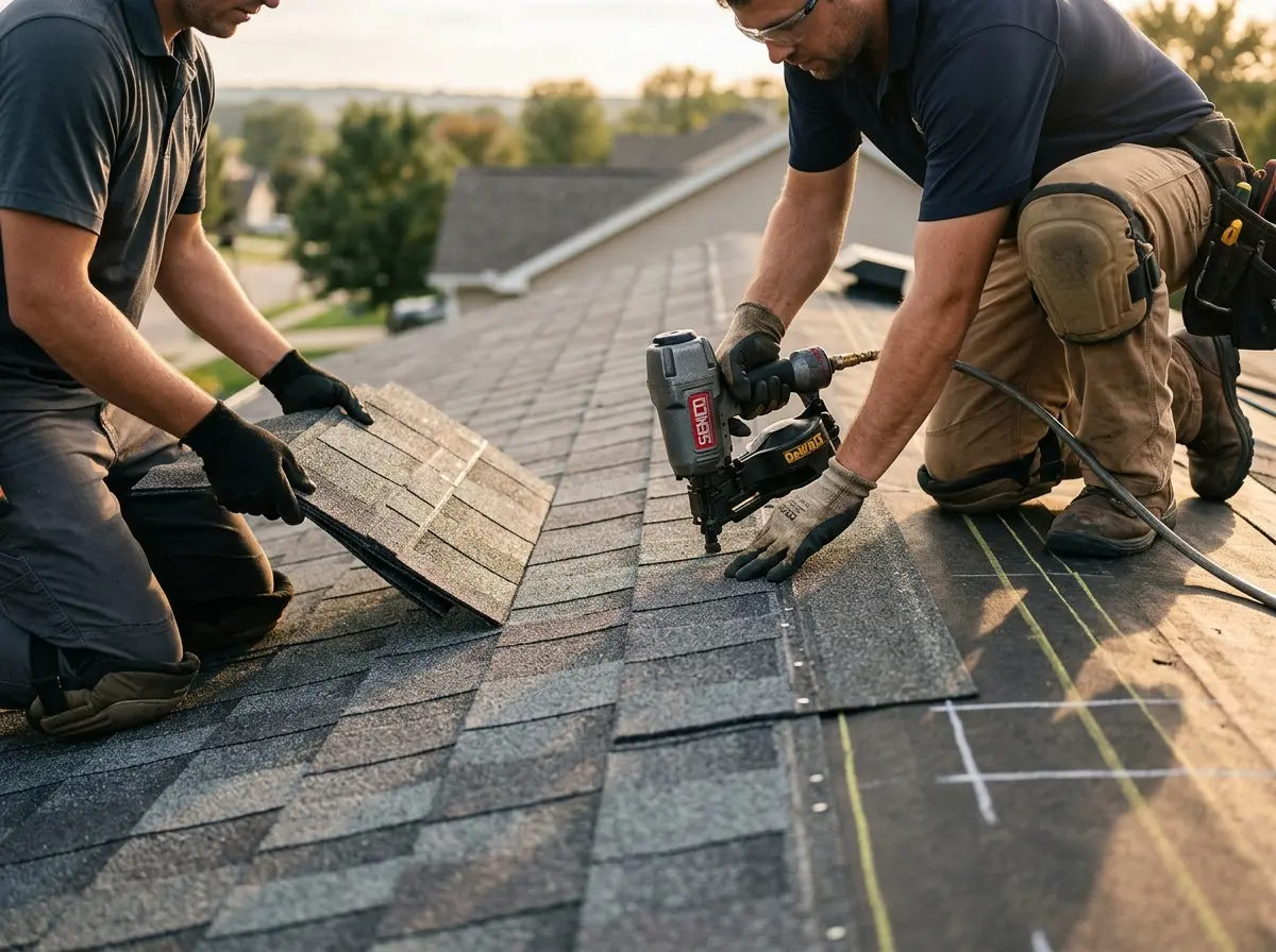 Professional roofer working on a residential roof in West Columbia